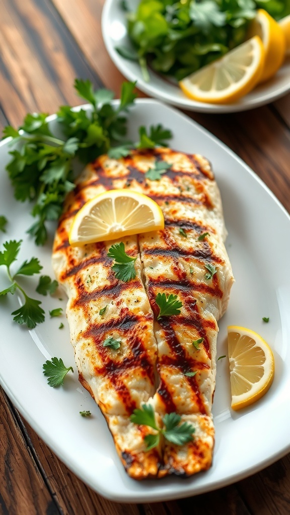 Grilled tilapia fillet garnished with parsley and lemon on a plate.